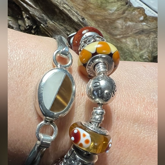 Authentic Mexico 925 signed Bracelet Tiger’s Eye Inlaid & White Stone Quartz - Picture 4 of 7